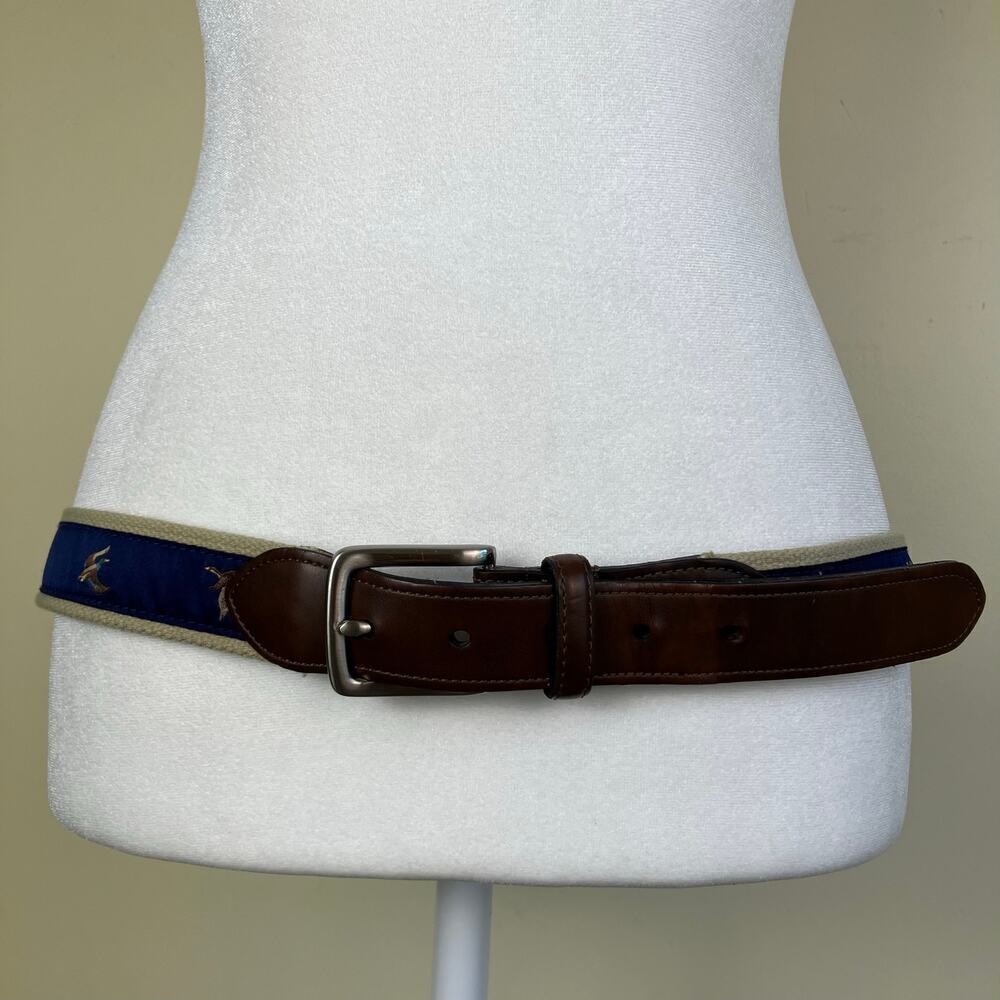 KEH Mens Sz M / 36 Vintage Leather Canvas Belt w Mallard Duck Design Brown Blue